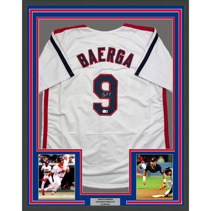 Framed Autographed/Signed Carlos Baerga 35x39 Cleveland White Baseball Jersey Beckett BAS COA