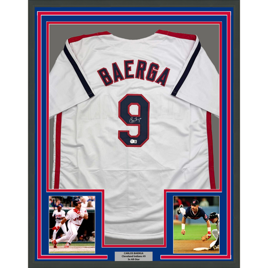 Framed Autographed/Signed Carlos Baerga 35x39 Cleveland White Baseball Jersey Beckett BAS COA