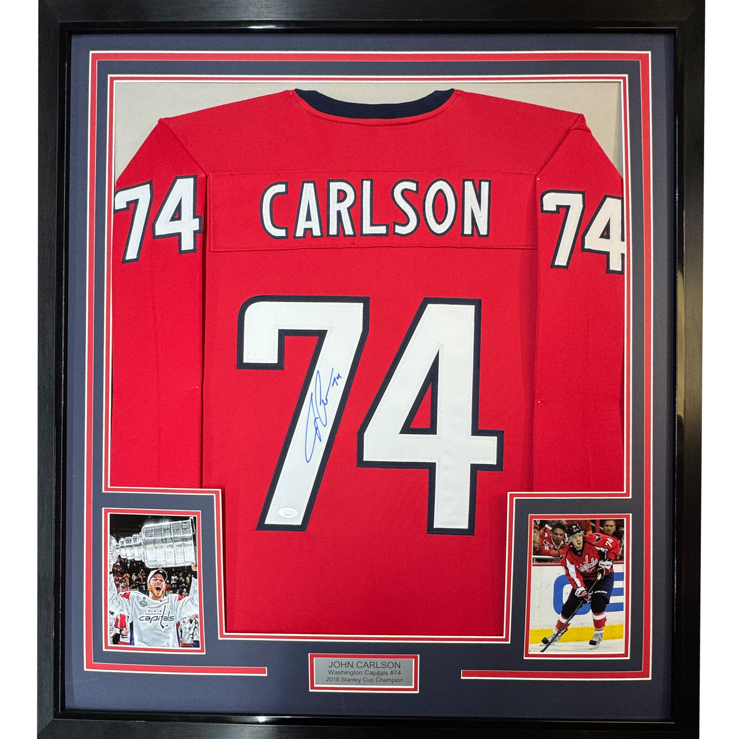 Framed Autographed/Signed John Carlson 35x39 Washington Red Hockey Jersey JSA COA