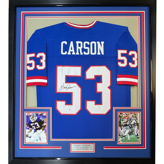 Framed Autographed/Signed Harry Carson 35x39 New York Blue Football Jersey Beckett BAS COA
