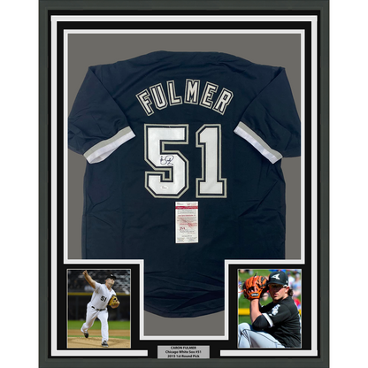Framed Autographed/Signed Carson Fulmer 35x39 Chicago Black Baseball Jersey JSA COA