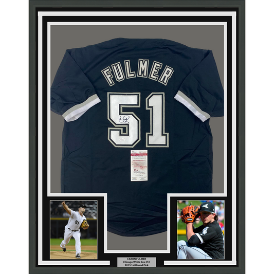 Framed Autographed/Signed Carson Fulmer 35x39 Chicago Black Baseball Jersey JSA COA