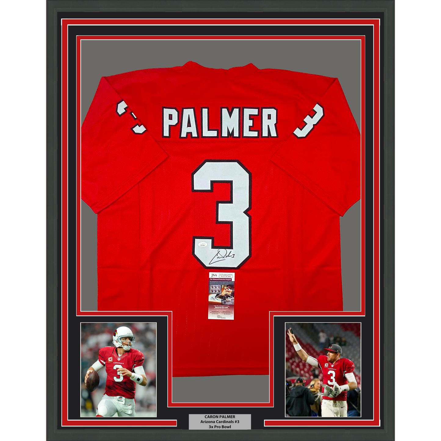 Framed Autographed/Signed Carson Palmer 35x39 Arizona Red Football Jersey JSA COA