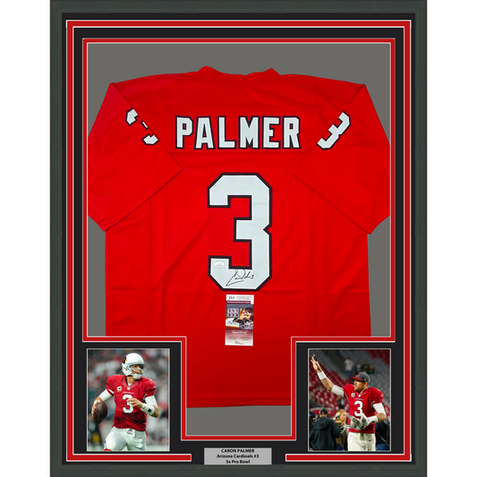 Framed Autographed/Signed Carson Palmer 35x39 Arizona Red Football Jersey JSA COA