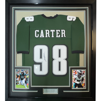 Framed Autographed/Signed Jalen Carter 35x39 Philadelphia Green Football Jersey Beckett BAS COA