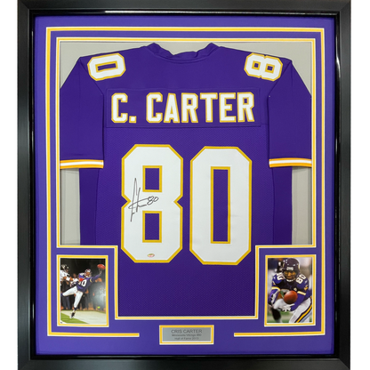 Framed Autographed/Signed Cris Carter 35x39 Minnesota Purple Football Jersey JSA COA