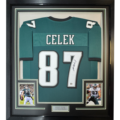 Framed Autographed/Signed Brent Celek 35x39 Philadelphia Green Football Jersey JSA COA
