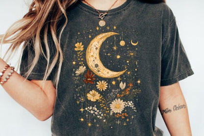 Celestial Moon Boho Flowers Vintage Unisex Bamboo/Cotton Graphic T-Shirt