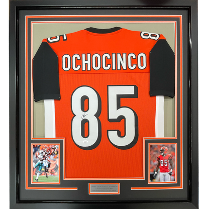 Framed Autographed/Signed Chad Ochocinco (Johnson) 35x39 Cincinnati Orange Football Jersey JSA COA