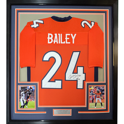 Framed Autographed/Signed Champ Bailey 35x39 Denver Orange Football Jersey JSA COA