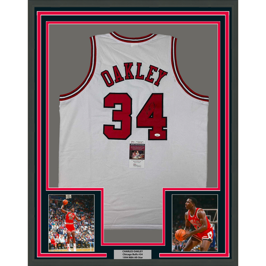 Framed Autographed/Signed Charles Oakley 35x39 Chicago White Basketball Jersey JSA COA