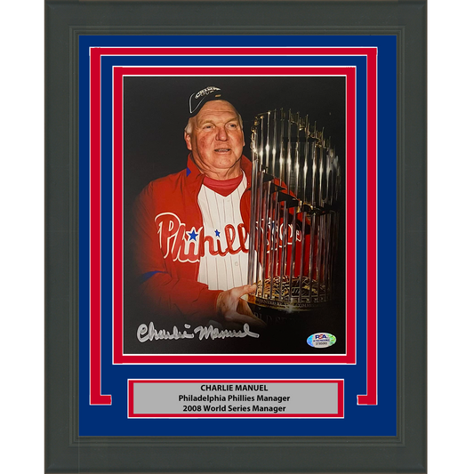 Framed Autographed/Signed Charlie Manuel 2008 World Series Philadelphia Phillies 8x10 Baseball Photo PSA/DNA COA