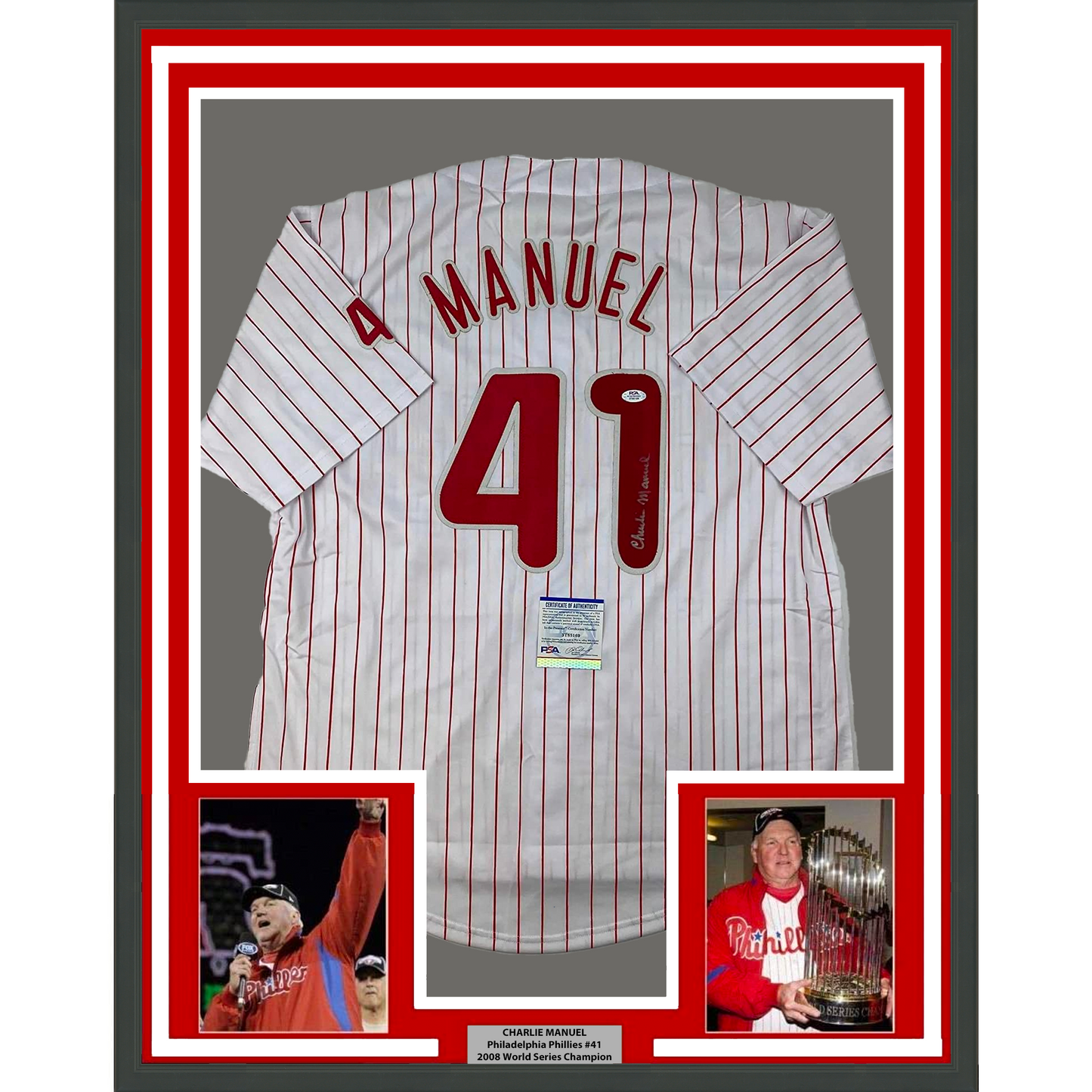 Framed Autographed/Signed Charlie Manuel 35x39 Philadelphia Pinstripe Baseball Jersey PSA/DNA COA
