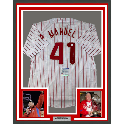 Framed Autographed/Signed Charlie Manuel 35x39 Philadelphia Pinstripe Baseball Jersey PSA/DNA COA