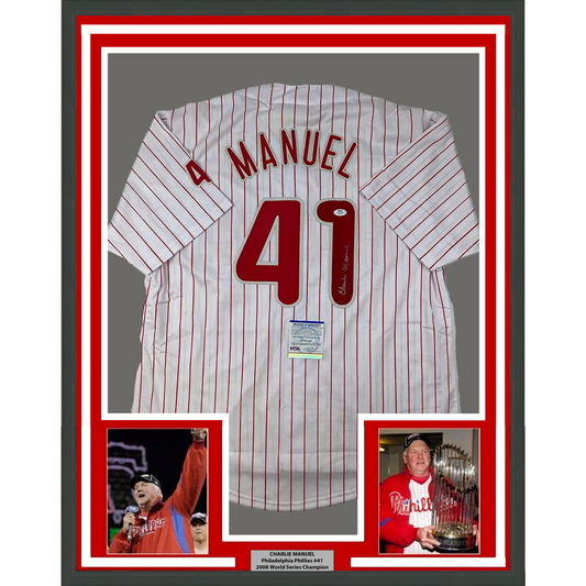 Framed Autographed/Signed Charlie Manuel 35x39 Philadelphia Pinstripe Baseball Jersey PSA/DNA COA