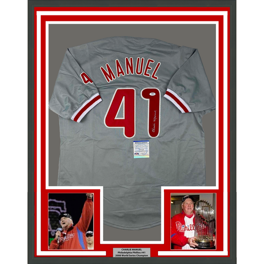 Framed Autographed/Signed Charlie Manuel 35x39 Philadelphia Grey Baseball Jersey PSA/DNA COA