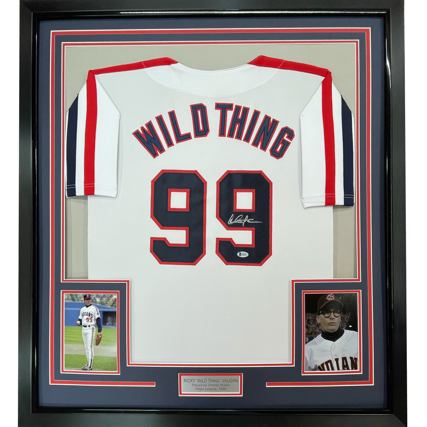 Framed Autographed/Signed Charlie Sheen 35x39 Wild Thing Ricky Vaughn Major League Movie Baseball Jersey JSA COA