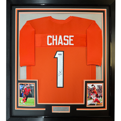 Framed Autographed/Signed Ja'Marr Chase 35x39 Cincinnati Orange Football Jersey Beckett BAS COA