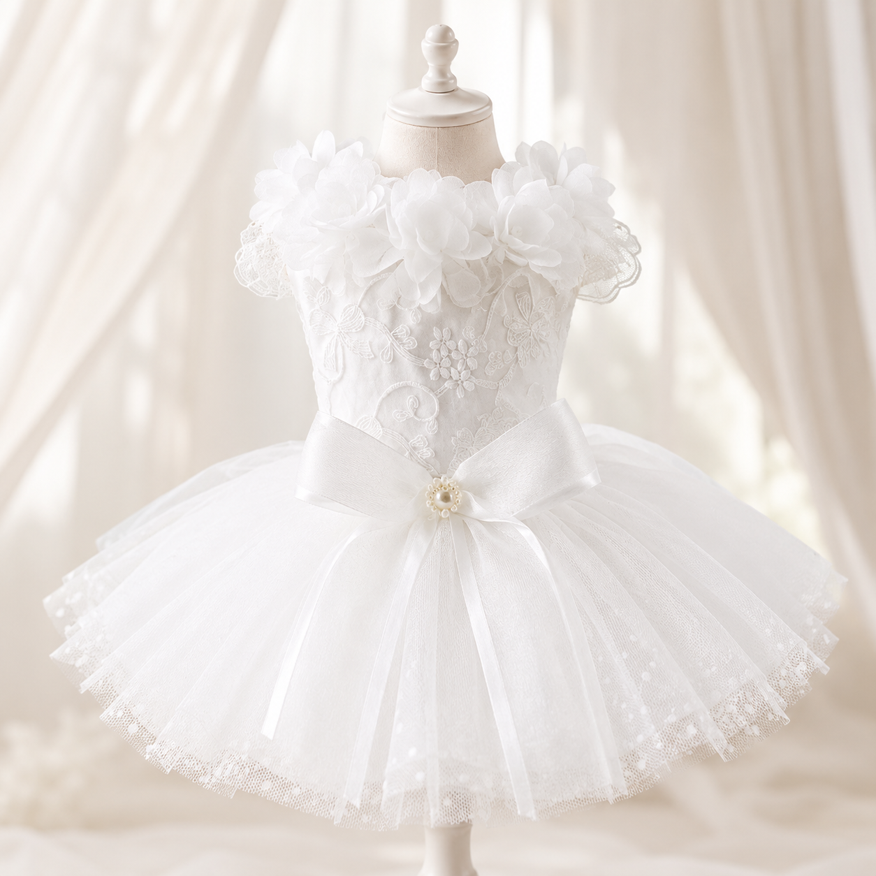 Luxury Classic White Pet Wedding Dress Elegant Floral Tulle Dog Dress