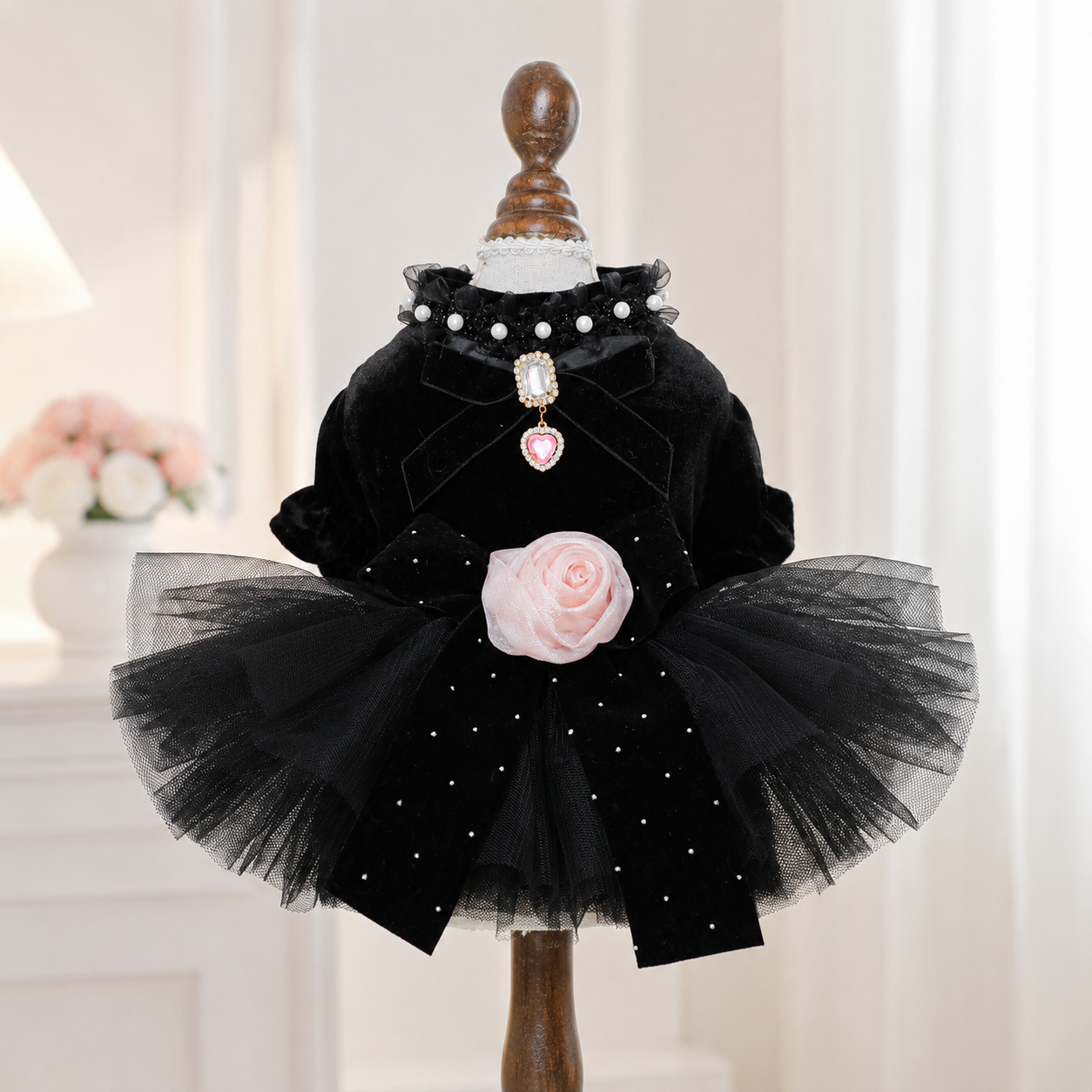 Dog dress black velvet rose