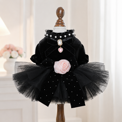 Dog dress black velvet rose