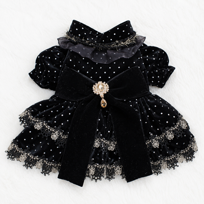 Midnight Velvet Princess Dog Dress – Luxury Black Polka Dot Puppy Dress with Gold Lace & Crystal Bow
