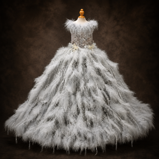 Silver Swan Feather Couture Dog Dress – Luxury Crystal Wedding Gown with Feather Train & Pearl Details