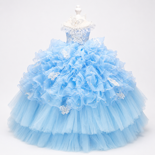 Handmade Sky Butterfly Princess Dog Dress – Luxury Blue Ruffle Ball Gown with Pearl Details
