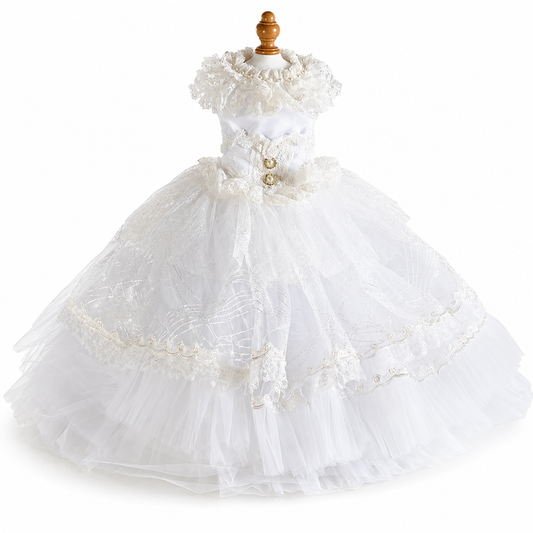 Handmade Victorian Luxury White Dog Wedding Dress with Crinoline Skirt – Bridal Pet Gown for Ceremony & Photoshoot