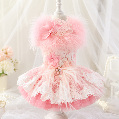 Unique Pet Feather Tutu Dog Lace Dress Princess Dress Pink Swan for Wedding Party Birthday Festival One Piece