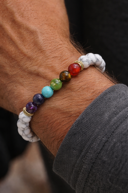 🌙 Chakra & White Howlite Energy Bracelet – Stress Relief, Balance & Inner Peace