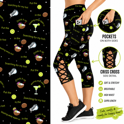 Margarita Leggings  Criss Cross  Capri Style Party in Black with Pockets