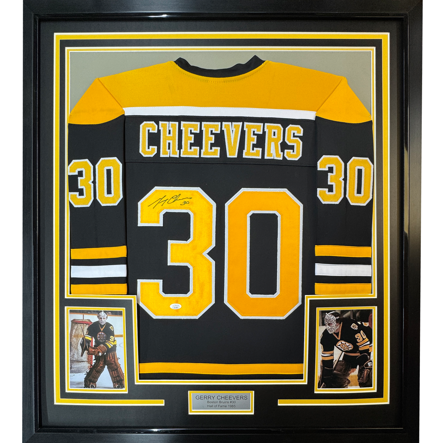 Framed Autographed/Signed Gerry Cheevers 35x39 Boston Black Hockey Jersey JSA COA