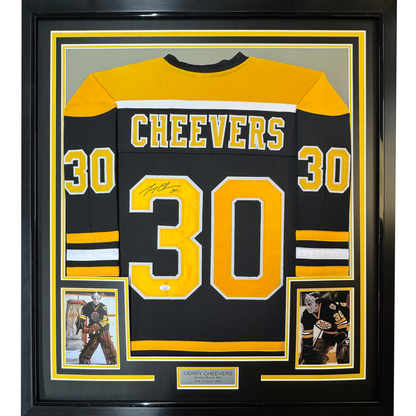 Framed Autographed/Signed Gerry Cheevers 35x39 Boston Black Hockey Jersey JSA COA