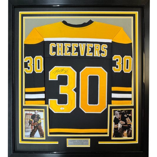 Framed Autographed/Signed Gerry Cheevers 35x39 Boston Black Hockey Jersey JSA COA