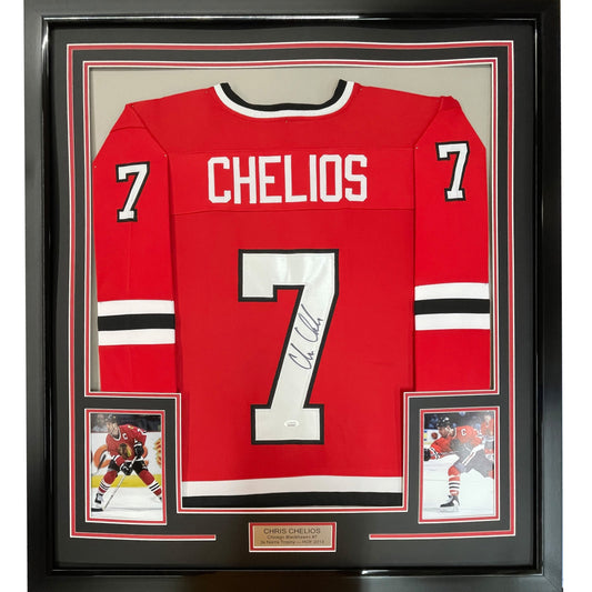 Framed Autographed/Signed Chris Chelios 35x39 Chicago Red Hockey Jersey JSA COA