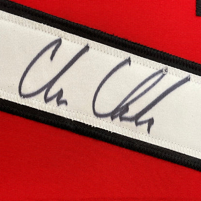 Framed Autographed/Signed Chris Chelios 35x39 Chicago Red Hockey Jersey JSA COA