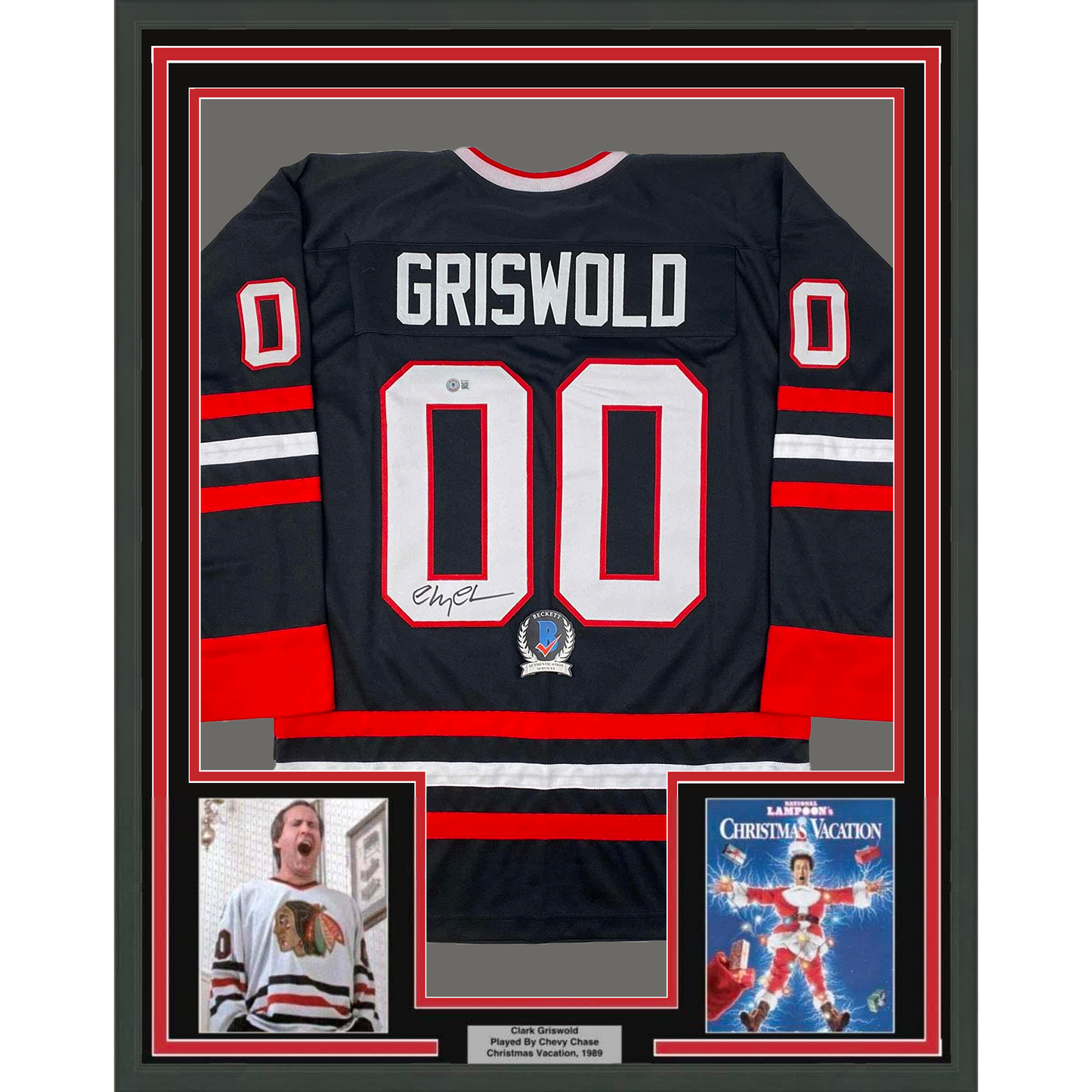 Framed Autographed/Signed Chevy Chase Clark Griswold 35x39 Christmas Vacation Movie Chicago Black Hockey Jersey Beckett BAS COA
