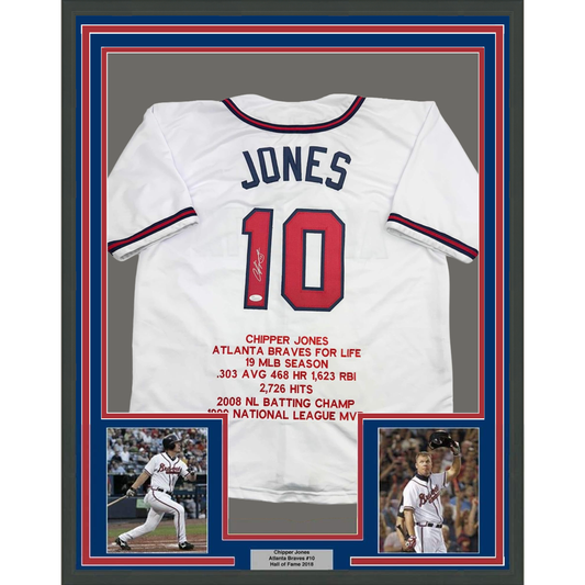 Framed Autographed/Signed Chipper Jones 35x39 Atlanta White Stat Baseball Jersey JSA COA