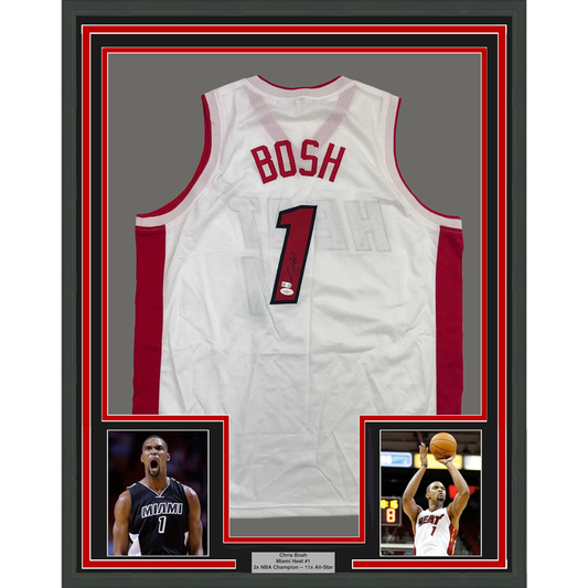 Framed Autographed/Signed Chris Bosh 35x39 Miami White Basketball Jersey JSA COA