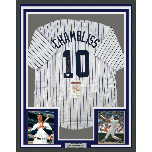 Framed Autographed/Signed Chris Chambliss 35x39 New York Pinstripe Baseball Jersey JSA COA