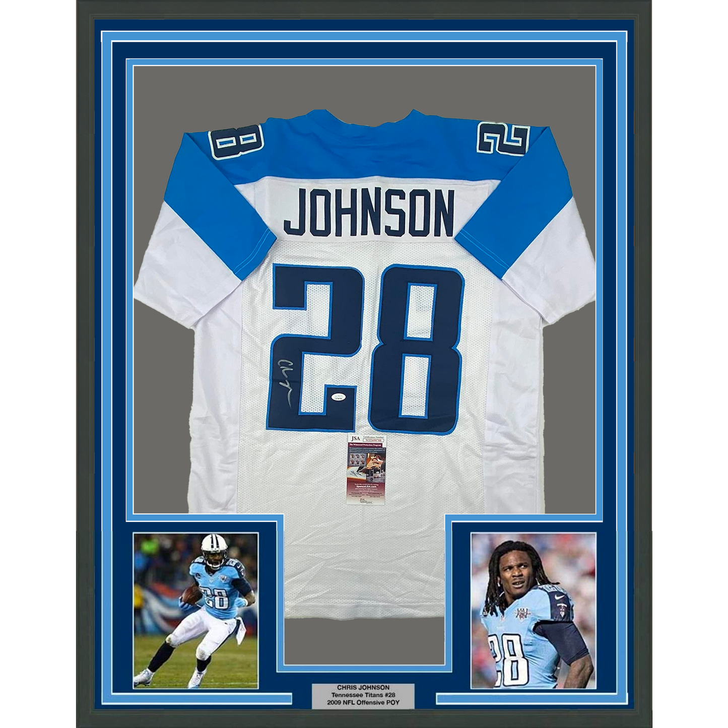 Framed Autographed/Signed Chris Johnson 35x39 Tennessee White Football Jersey JSA COA