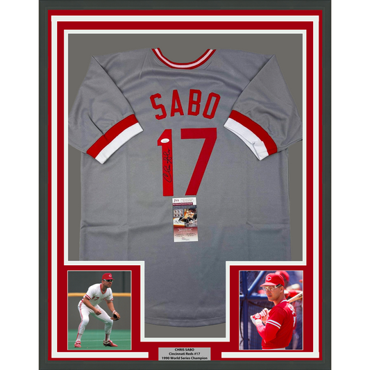 Framed Autographed/Signed Chris Sabo 35x39 Cincinnati Grey Baseball Jersey JSA COA