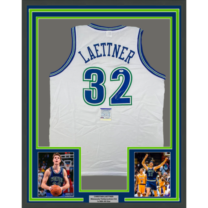 Framed Autographed/Signed Christian Laettner 35x39 Minnesota White Basketball Jersey PSA/DNA COA