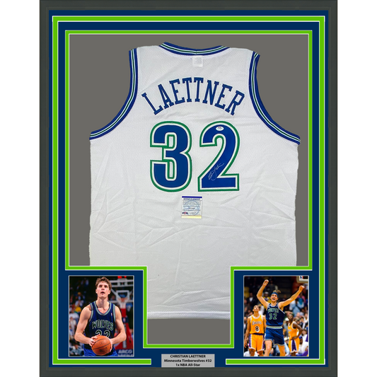 Framed Autographed/Signed Christian Laettner 35x39 Minnesota White Basketball Jersey PSA/DNA COA
