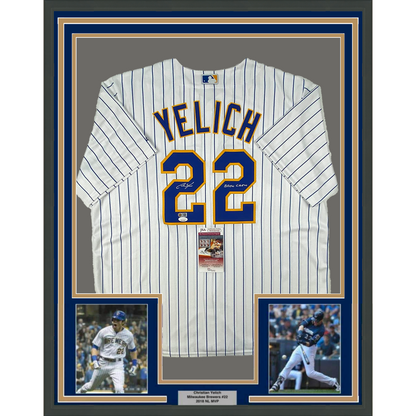 Framed Autographed/Signed Christian Yelich 35x39 Brew Crew Milwaukee Brewers Pinstripe Cool Base Baseball Jersey JSA COA