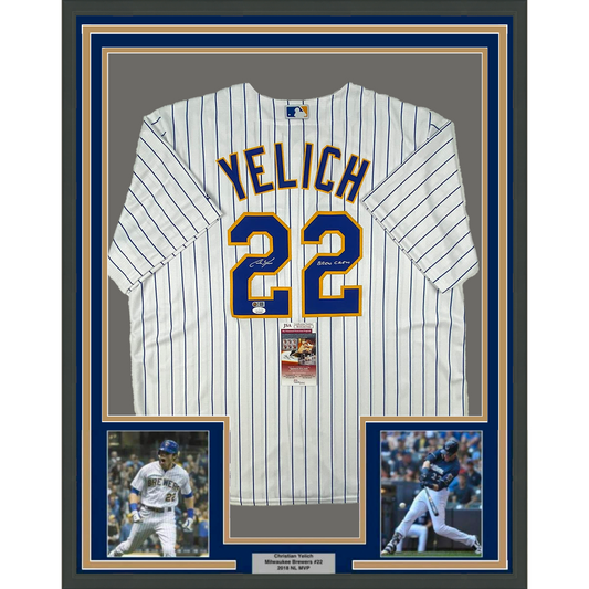 Framed Autographed/Signed Christian Yelich 35x39 Brew Crew Milwaukee Brewers Pinstripe Cool Base Baseball Jersey JSA COA