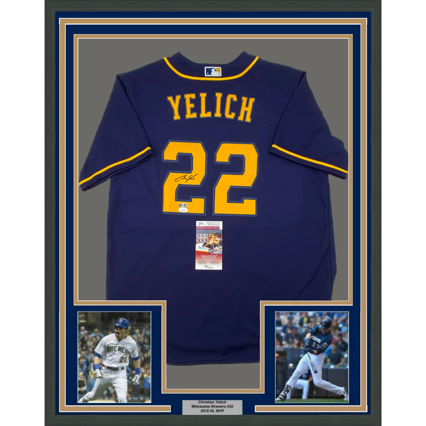 Framed Autographed/Signed Christian Yelich 35x39 Milwaukee Brewers Blue Alternate Baseball Jersey JSA COA