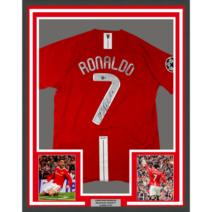 Framed Autographed/Signed Cristiano Ronaldo 35x39 Manchester United Red 2008 Champions League Final Soccer Jersey Beckett BAS COA/LOA