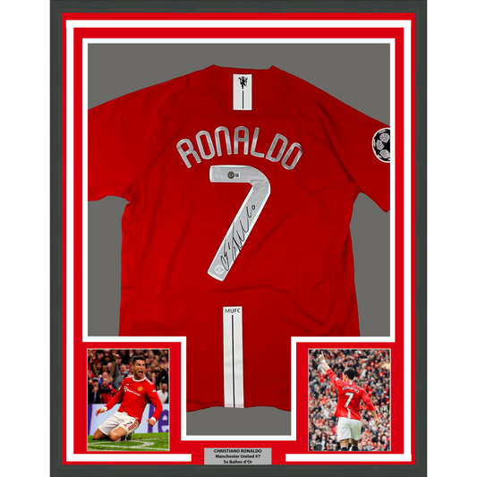 Framed Autographed/Signed Cristiano Ronaldo 35x39 Manchester United Red 2008 Champions League Final Soccer Jersey Beckett BAS COA/LOA